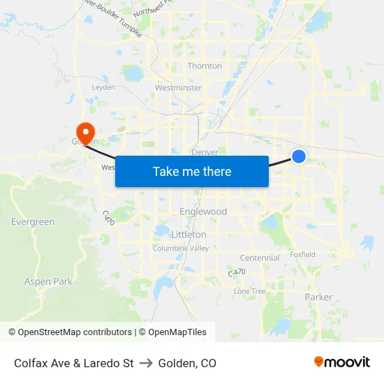 Colfax Ave & Laredo St to Golden, CO map