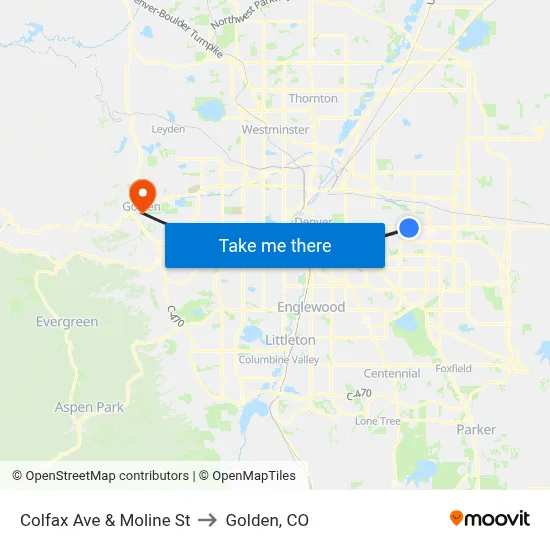 Colfax Ave & Moline St to Golden, CO map