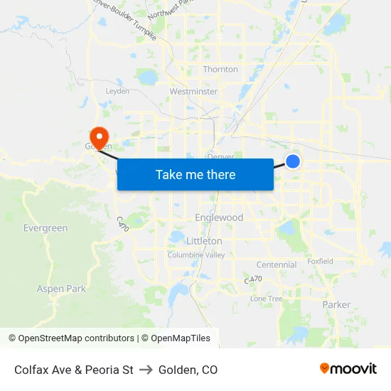 Colfax Ave & Peoria St to Golden, CO map
