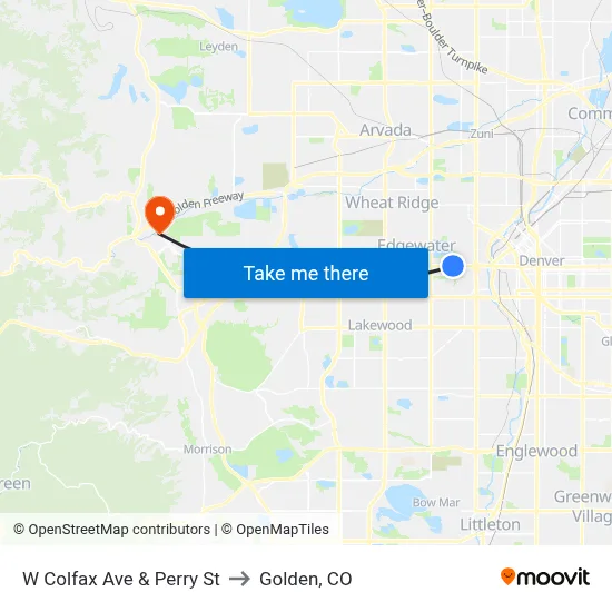 W Colfax Ave & Perry St to Golden, CO map