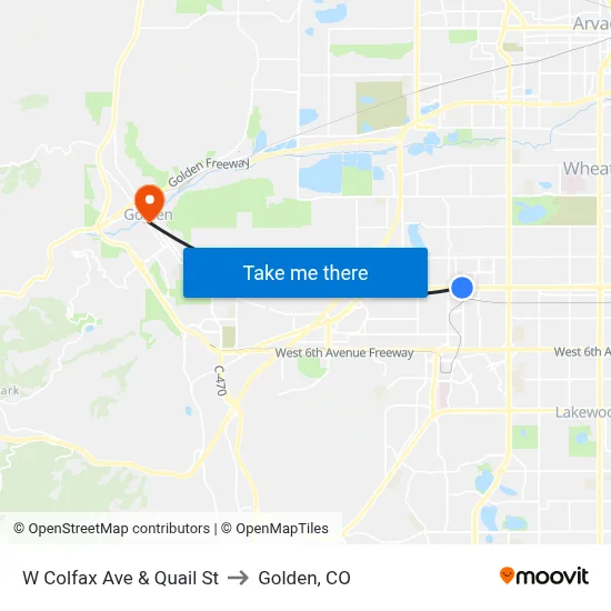 W Colfax Ave & Quail St to Golden, CO map