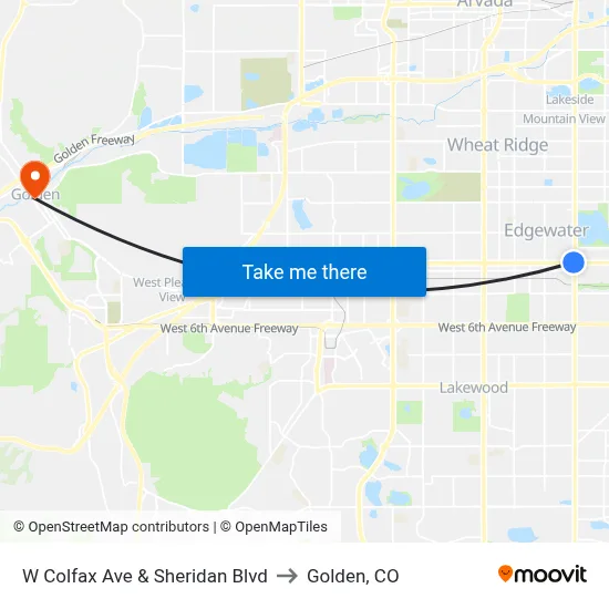 W Colfax Ave & Sheridan Blvd to Golden, CO map