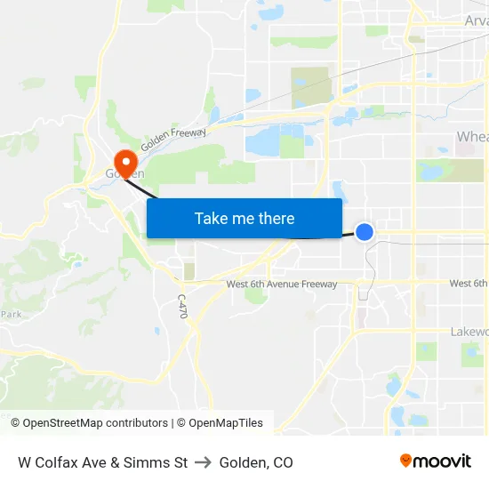 W Colfax Ave & Simms St to Golden, CO map