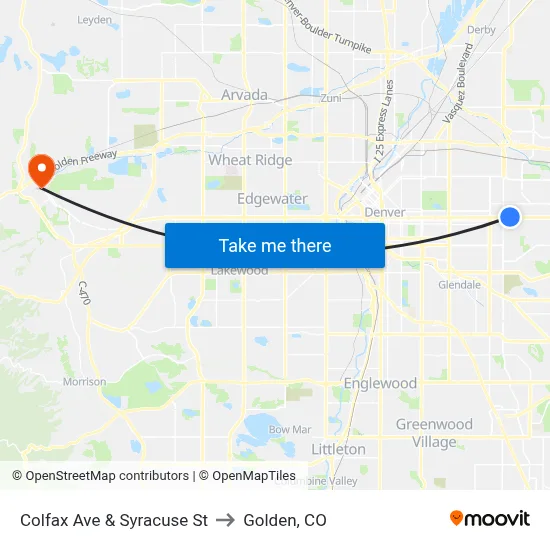 Colfax Ave & Syracuse St to Golden, CO map