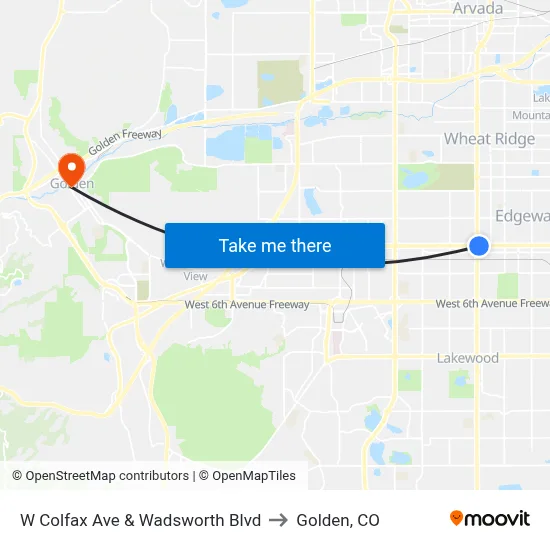W Colfax Ave & Wadsworth Blvd to Golden, CO map