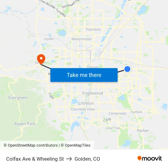 Colfax Ave & Wheeling St to Golden, CO map