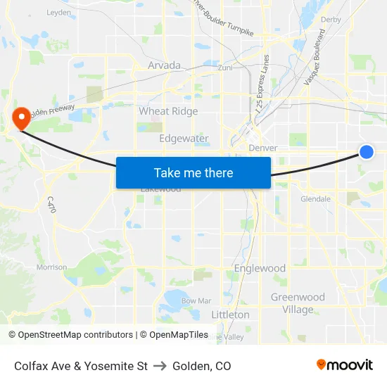 Colfax Ave & Yosemite St to Golden, CO map