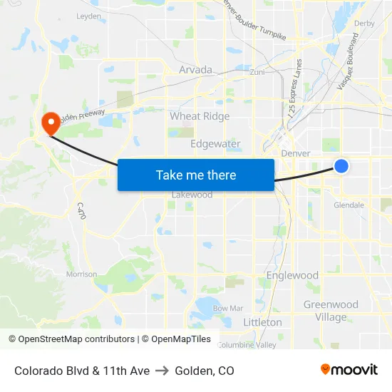 Colorado Blvd & 11th Ave to Golden, CO map