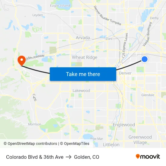 Colorado Blvd & 36th Ave to Golden, CO map