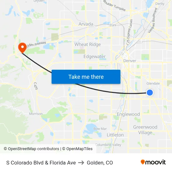 S Colorado Blvd & Florida Ave to Golden, CO map