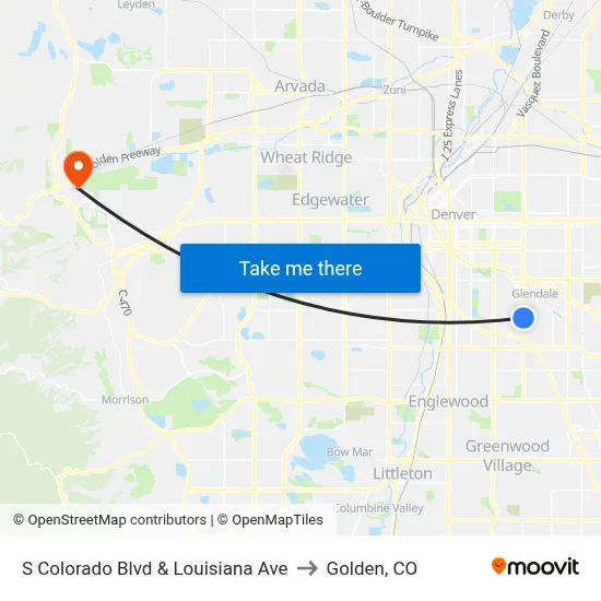 S Colorado Blvd & Louisiana Ave to Golden, CO map