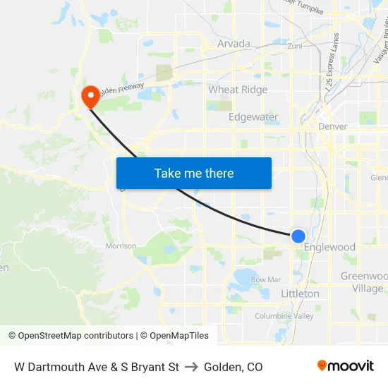 W Dartmouth Ave & S Bryant St to Golden, CO map