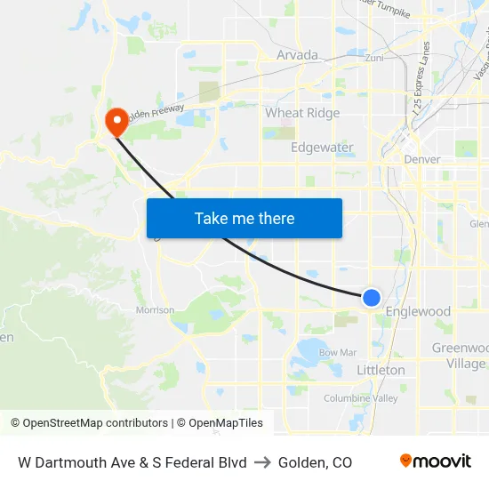 W Dartmouth Ave & S Federal Blvd to Golden, CO map