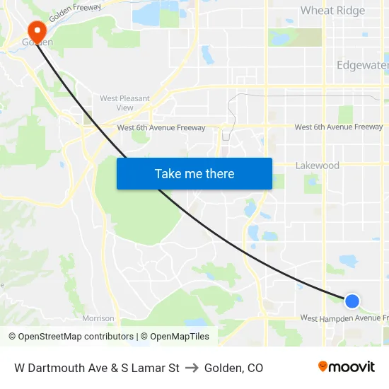 W Dartmouth Ave & S Lamar St to Golden, CO map