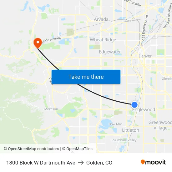 1800 Block W Dartmouth Ave to Golden, CO map