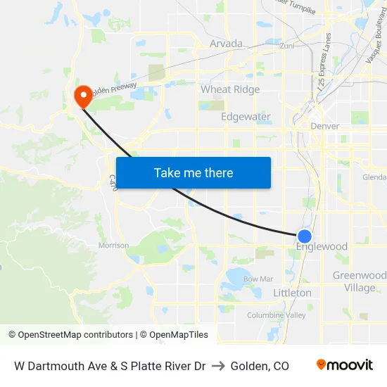 W Dartmouth Ave & S Platte River Dr to Golden, CO map