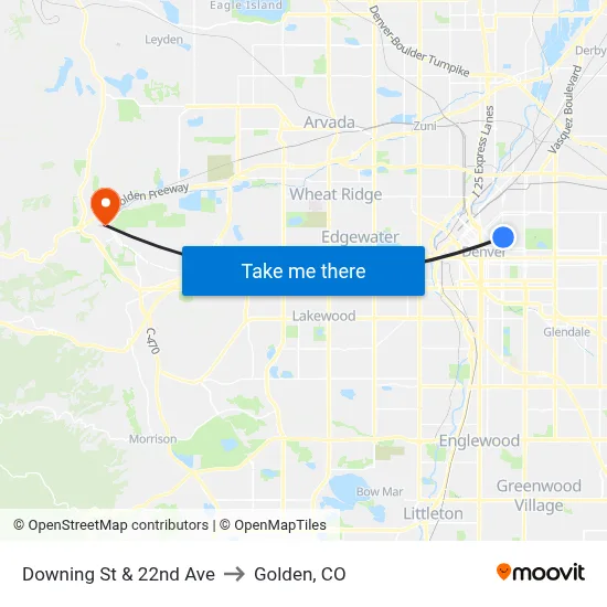 Downing St & 22nd Ave to Golden, CO map