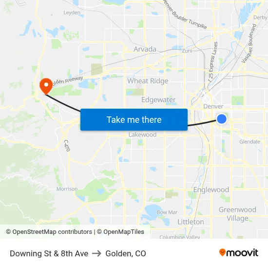 Downing St & 8th Ave to Golden, CO map