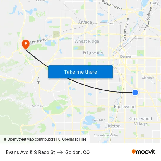 Evans Ave & S Race St to Golden, CO map
