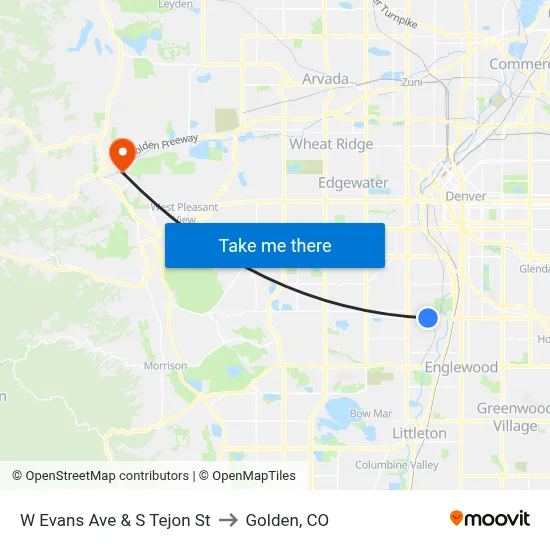 W Evans Ave & S Tejon St to Golden, CO map