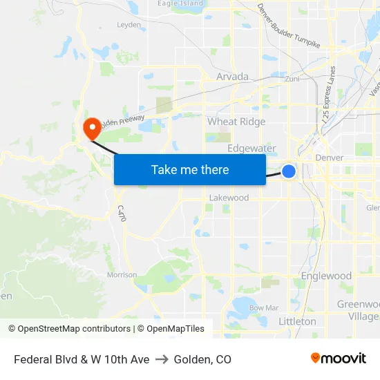 Federal Blvd & W 10th Ave to Golden, CO map