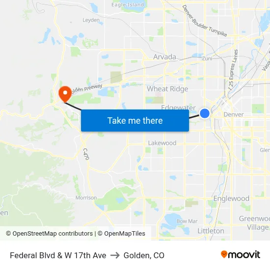 Federal Blvd & W 17th Ave to Golden, CO map