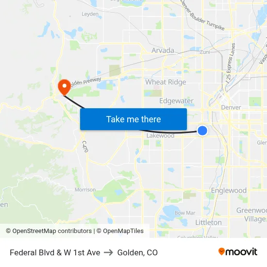 Federal Blvd & W 1st Ave to Golden, CO map