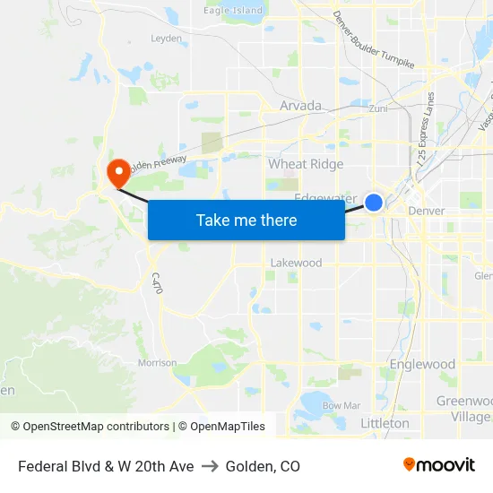 Federal Blvd & W 20th Ave to Golden, CO map