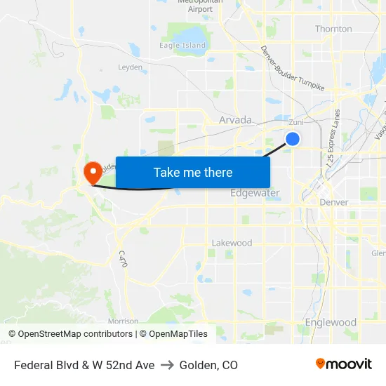 Federal Blvd & W 52nd Ave to Golden, CO map