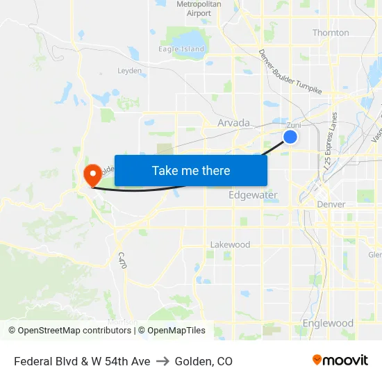 Federal Blvd & W 54th Ave to Golden, CO map