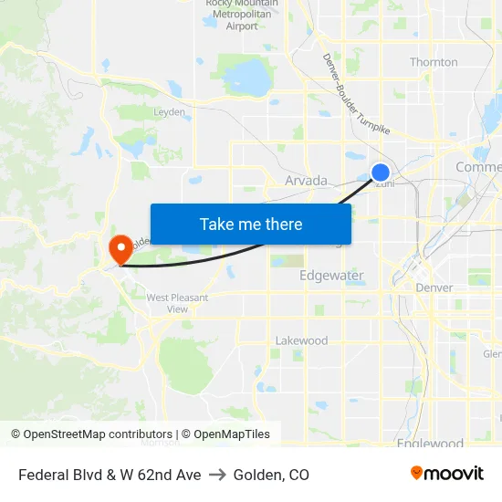 Federal Blvd & W 62nd Ave to Golden, CO map