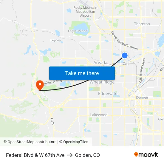 Federal Blvd & W 67th Ave to Golden, CO map