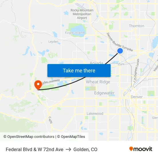 Federal Blvd & W 72nd Ave to Golden, CO map