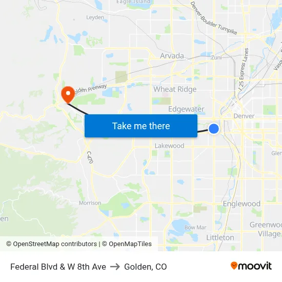 Federal Blvd & W 8th Ave to Golden, CO map