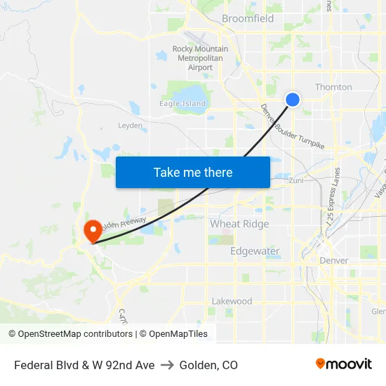 Federal Blvd & W 92nd Ave to Golden, CO map
