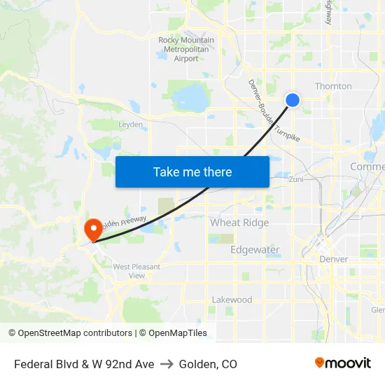 Federal Blvd & W 92nd Ave to Golden, CO map