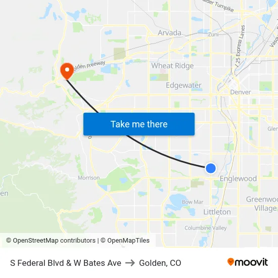 S Federal Blvd & W Bates Ave to Golden, CO map