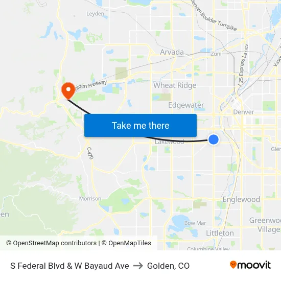 S Federal Blvd & W Bayaud Ave to Golden, CO map
