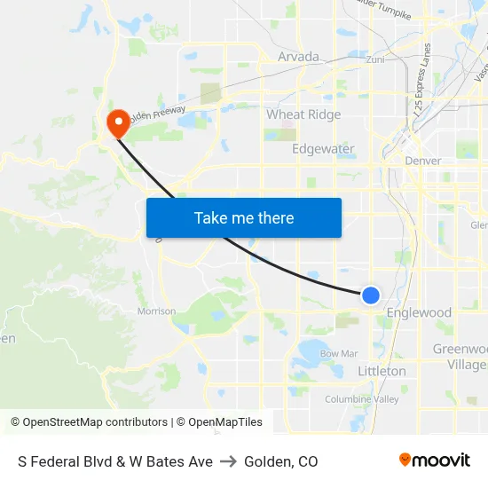 S Federal Blvd & W Bates Ave to Golden, CO map