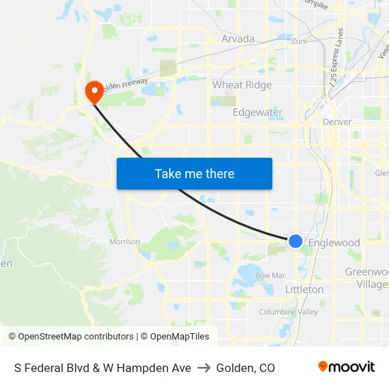 S Federal Blvd & W Hampden Ave to Golden, CO map