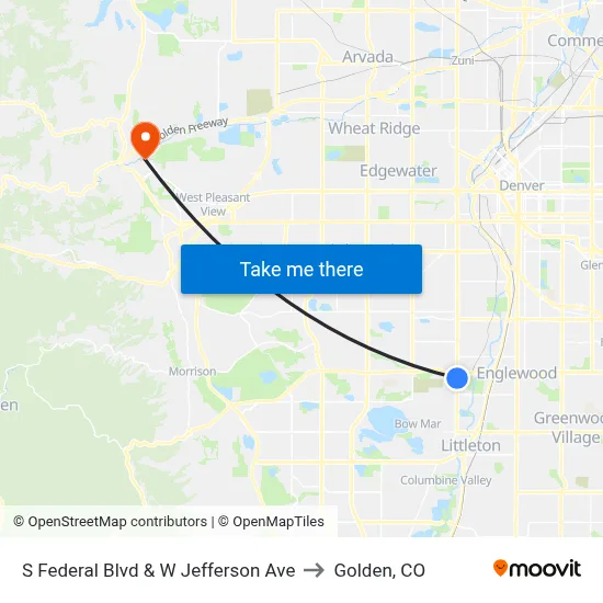 S Federal Blvd & W Jefferson Ave to Golden, CO map