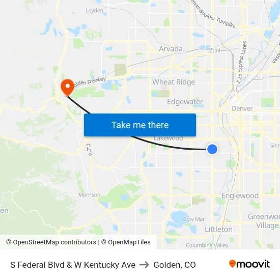 S Federal Blvd & W Kentucky Ave to Golden, CO map