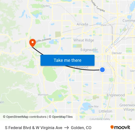 S Federal Blvd & W Virginia Ave to Golden, CO map