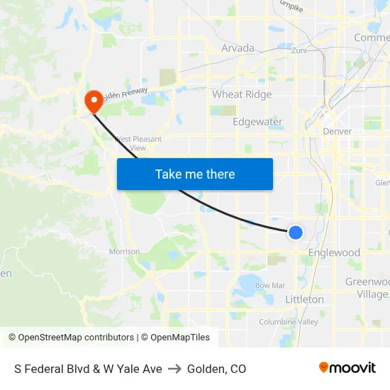 S Federal Blvd & W Yale Ave to Golden, CO map