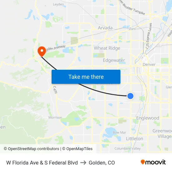 W Florida Ave & S Federal Blvd to Golden, CO map