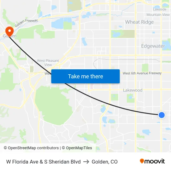 W Florida Ave & S Sheridan Blvd to Golden, CO map