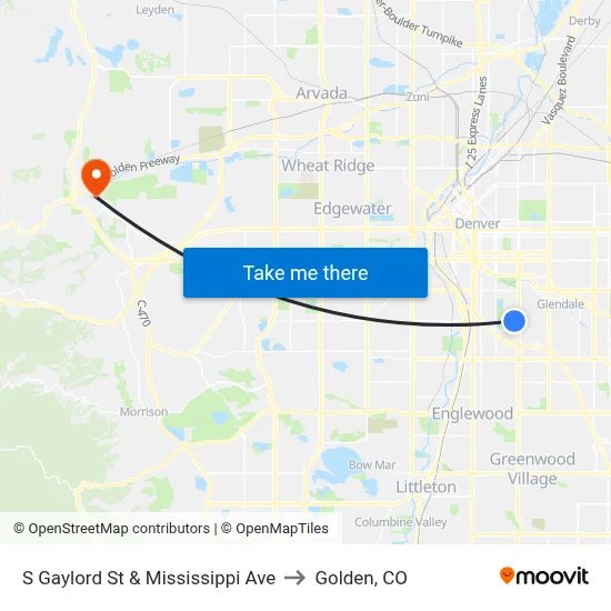 S Gaylord St & Mississippi Ave to Golden, CO map