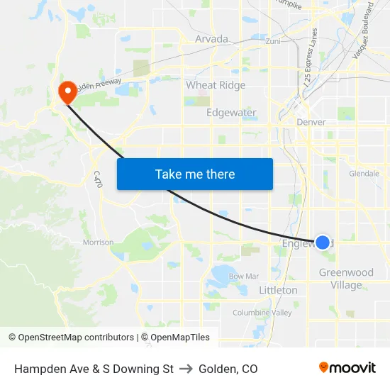 Hampden Ave & S Downing St to Golden, CO map