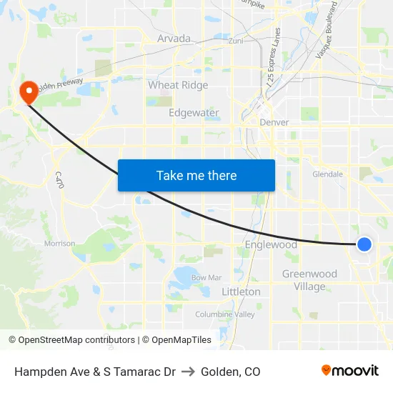 Hampden Ave & S Tamarac Dr to Golden, CO map