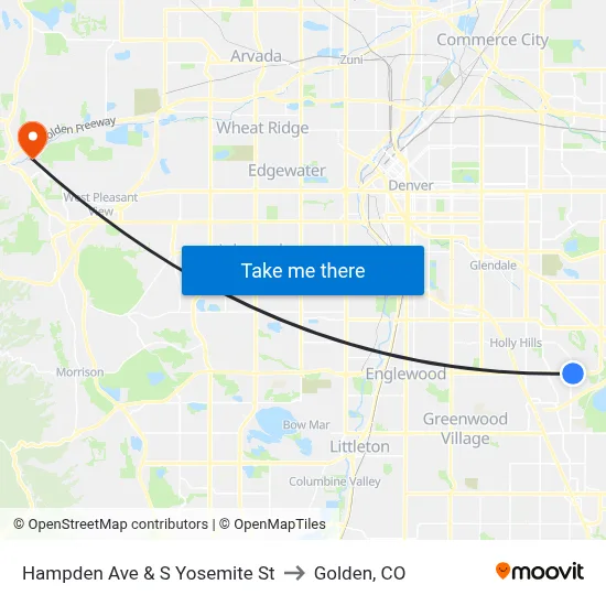 Hampden Ave & S Yosemite St to Golden, CO map